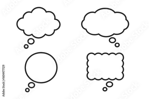 Thinking cloud and thought bubble vector icons in multiple shapes with outlines, versatile brainstorm design elements, conceptualization symbols, idea formation and creativity illustration set