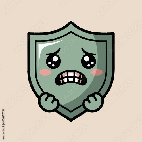 A cartoon shield character with a worried expression and hands clutching the lower edge of the shield