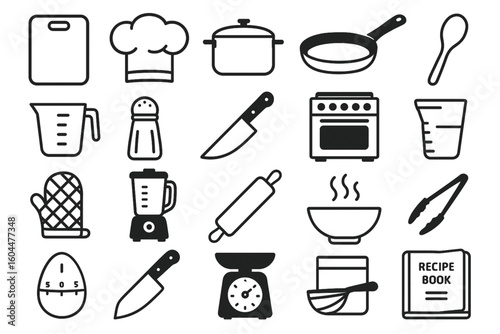 Essential cooking tools illustration for recipe books, chef websites, and kitchenware brands, perfect for culinary projects
