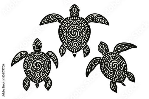 Set of three tribal turtles. Polynesian Maori style tattoo vector illustration. Ethnic sea animal with ancient ornamental patterns. Isolated graphic element for design.