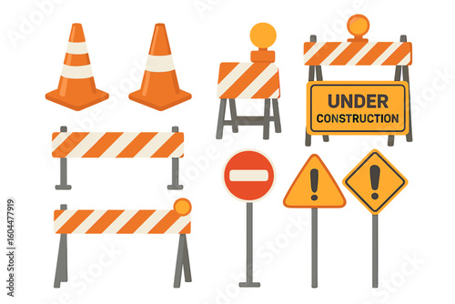 Construction and Road Safety Vector Set, Orange Traffic Cones, Barricades, Warning Signs, Urban Planning Elements, Roadblocks, Under Construction Signage, Traffic Control, Infrastructure Icons