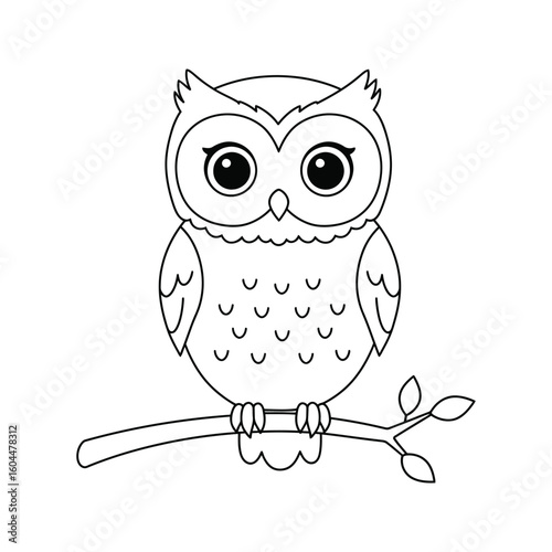 Cute cartoon owl perched on a branch black and white line drawing coloring page kids illustration