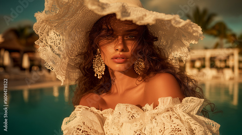 Photo of a beautiful girl on a sunny day, she is wearing a white hat with long hair, photo in fashion or beauty style.