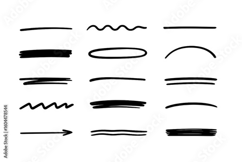 Hand-drawn underline set. Vector marker strokes for highlighting text. Doodle lines, circles, and arrows. Sketchy brush pen scribble shapes for emphasis and design.