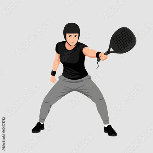 Woman Playing Paddle Ball Holding Racket with Helmet Vector Illustration