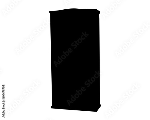 Silhouette of an ornate and dark display case or cabinet on white