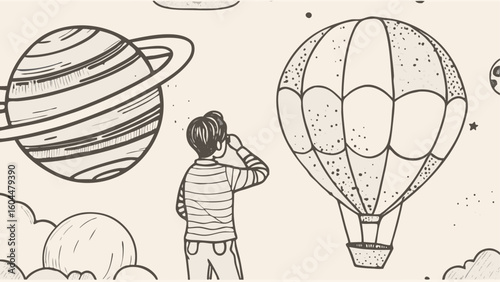 Illustration showing a boy looking at a planet and a hot air balloon with clouds and stars around it silhouette