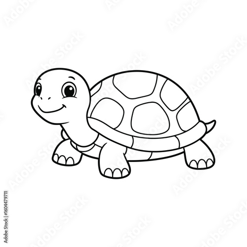 Cute Cartoon Turtle Coloring Page Black and White Line Drawing Shell Wildlife Animal
