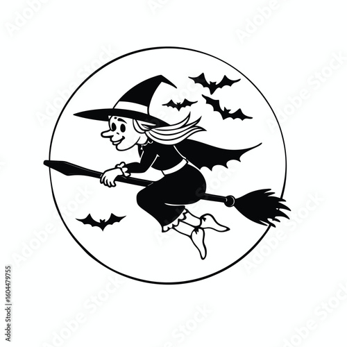 Cartoon vector silhouette illustration of a Halloween witch flying on her broomstick against the moonCartoon vector silhouette illustration of a Halloween witch flying on her broomstick against the mo