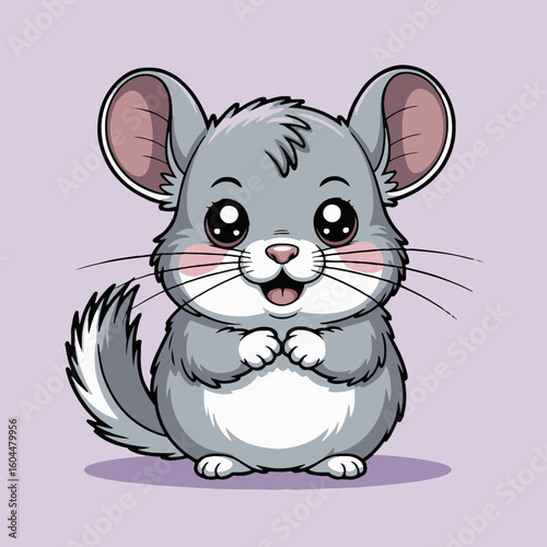 A cartoon chinchilla with big eyes and a fluffy tail on a light purple background illustration