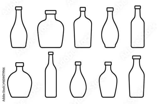 Bottle silhouette line icon set. Collection of alcohol beverage containers. Simple vector graphic for drinks, wine, whiskey, rum, gin, liquor. Glassware outline shapes.