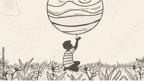 Illustration of a boy reaching for a striped balloon in a field of grass and flowers art drawing silhouette