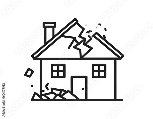 A simple black and white illustration of a damaged house