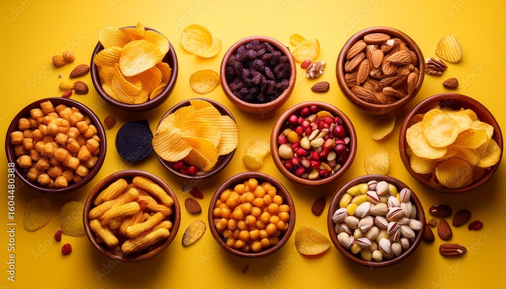 Obraz premium bowls of various snacks including chips nuts corn and berries on yellow background