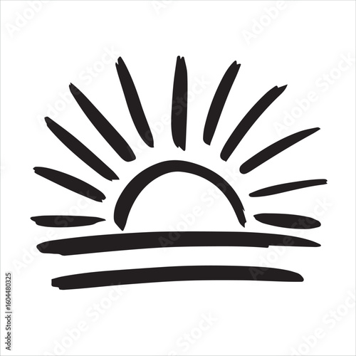 Hand drawn sunrise over water simple line art