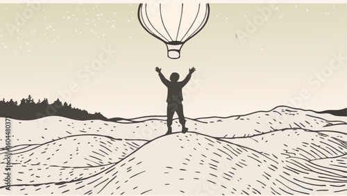 Silhouette of a person standing on a dune with arms raised under a hot air balloon in a landscape view