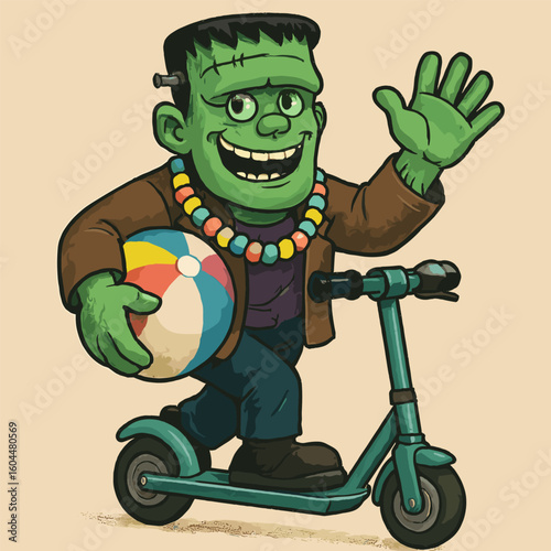 Frankenstein rides a scooter, smiling wide with a beach ball and candy necklace.