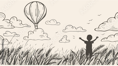 Illustration of a child in a field with a hot air balloon and clouds in the sky on a light background silhouette