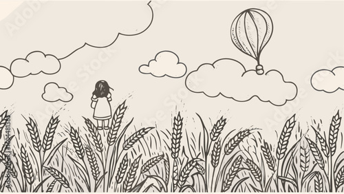 Illustration of a girl standing in a wheat field looking at a hot air balloon floating in the sky among clouds silhouette