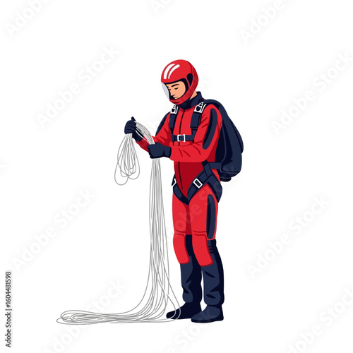 Preparing for Parachute Jump Man Inspecting Ropes Before Skydiving