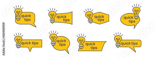 Collection of yellow tip logos with light bulb icons for helpful advice, expert tricks, quick guides or blog suggestions. Flat vector templates for note, idea or info sharing.