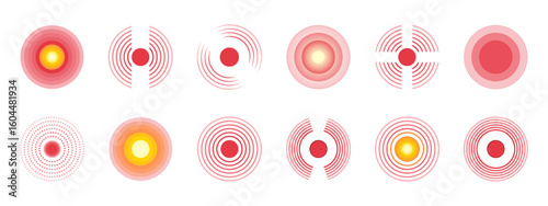 A set of red circle vector icons to indicate pain or a wave sound effect. A wavy dot symbol to indicate inflammation in the body or joint damage. Illustration for painkillers.