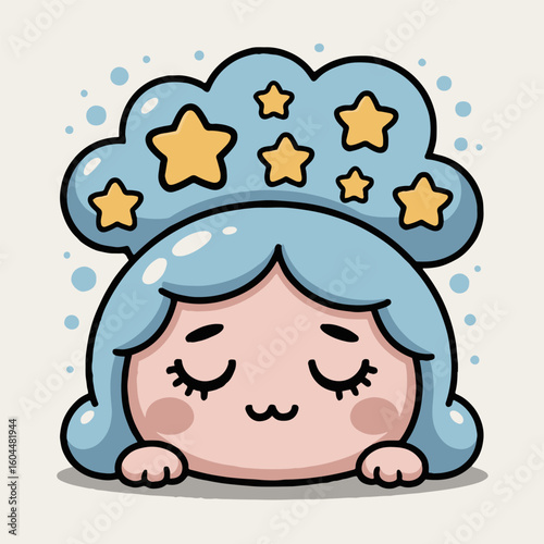 A cartoon girl with blue hair and stars above her head sleeping peacefully on a white background