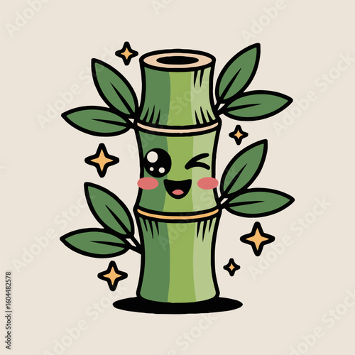 Cartoon bamboo stalk with a winking face and leaves surrounded by stars on a light background