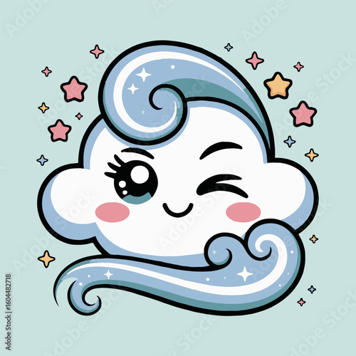 A cartoon cloud with a winking eye and stars around it on a light blue background illustration