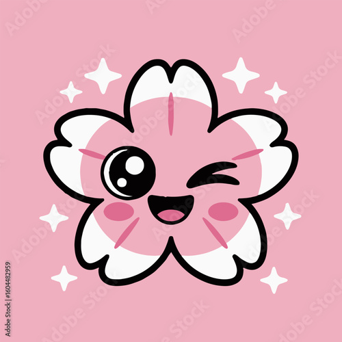Cartoon winking flower with pink cheeks and white stars on a light pink background illustration