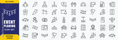 Event planning icon set. Containing decorations, venue, event planner, registration, entertainment, catering and invitations symbol. Solid icons collection. Vector illustration