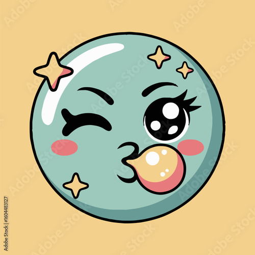 Cartoon bubble character with winking eye and blowing a bubble on a yellow background with stars