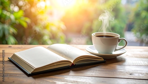 Open book and coffee cup on a wooden table