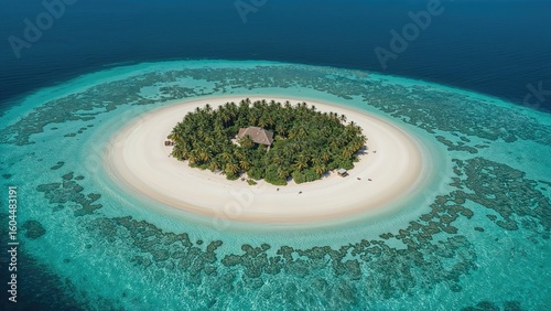 Fototapeta Naklejka Na Ścianę i Meble -  Idyllic tropical shoreline featuring pristine sands and palm-fringed shores, ideal for summer relaxation.