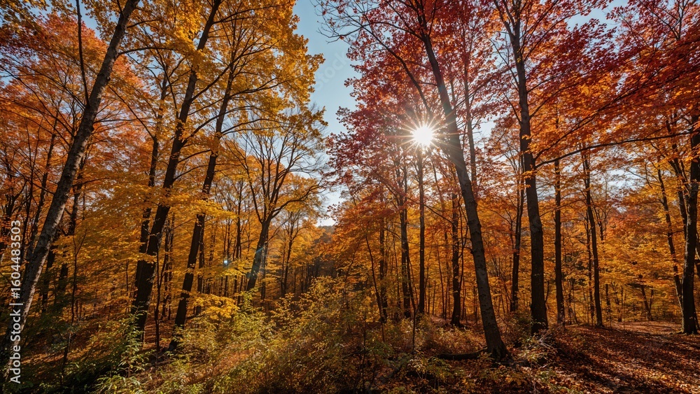 Obraz premium Golden trees and vibrant foliage in a seasonal woodland setting