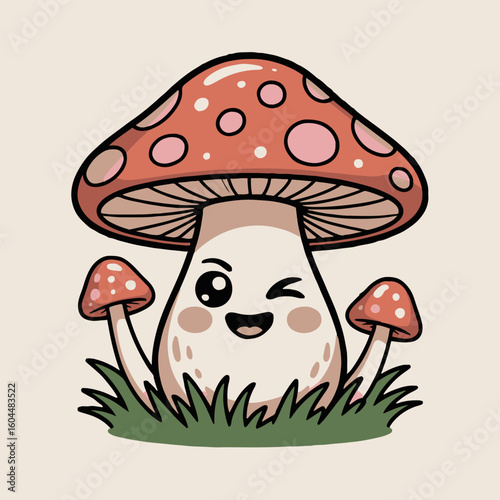 Cartoon mushroom character with a red spotted cap winking and smiling in green grass patch