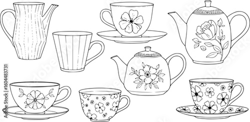 A black and white line drawing of several different shapes of teacups and teapots