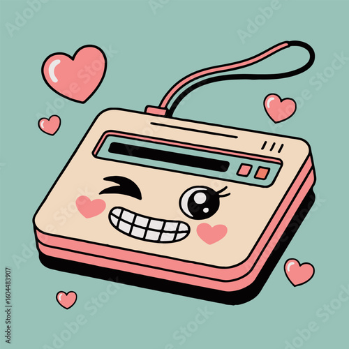 Cartoon calculator with heart cheeks and winking eye surrounded by floating hearts on blue background