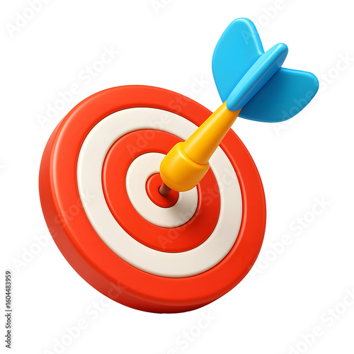 3D target icon with dart arrow hitting the center goal isolated no background in cartoon plastic style.