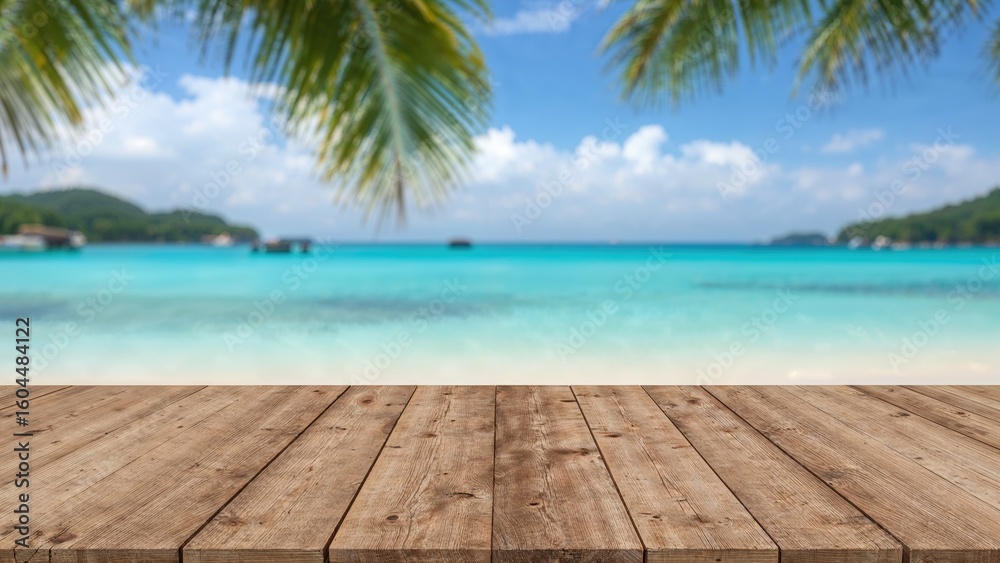 Fototapeta premium Blank wooden surface in front of a scenic seaside backdrop, perfect for showcasing seasonal items or vacation promotions.