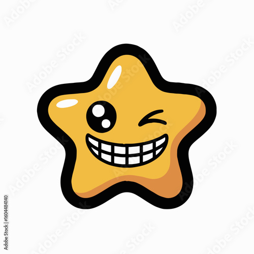 A cartoon yellow star with a black outline winking and smiling on a white background illustration