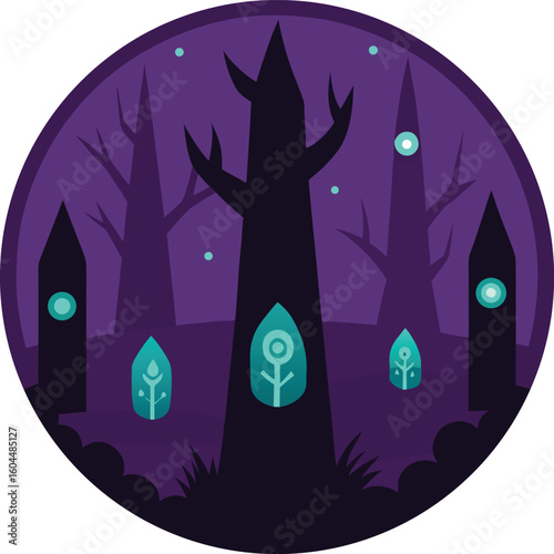 haunted grove with arcane runes glowing in trees