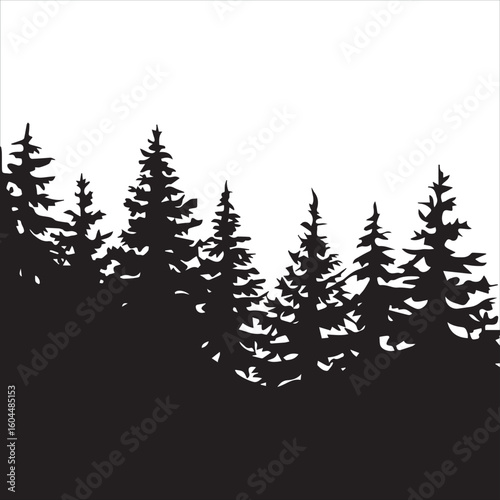 Dark silhouette of evergreen trees against a white sky