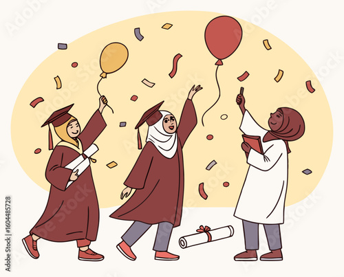 Muslim graduation celebration vector illustration with graduates in cap and gown throwing confetti and balloons