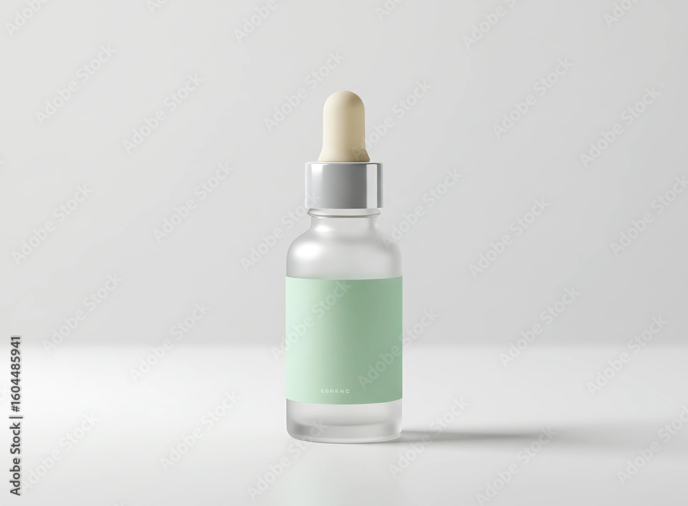 Clear glass dropper bottle with light green liquid and label Clear glass dropper bottle with light green liquid and label