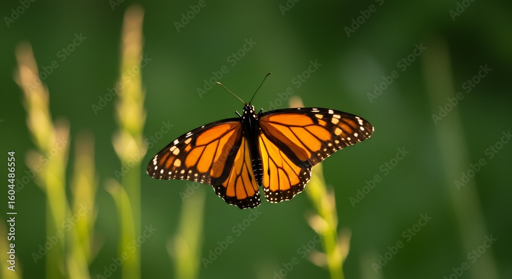 Fototapeta premium 鮮やかオレンジ色 優雅に舞う 蝶 緑背景 夕日輝く. AI Generated