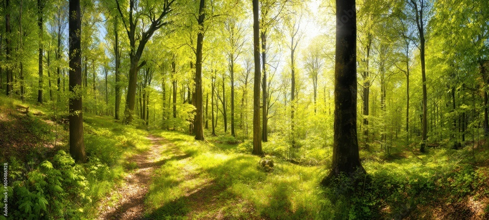 Fototapeta premium The serene forest path illuminated by vibrant sunlight through lush trees.