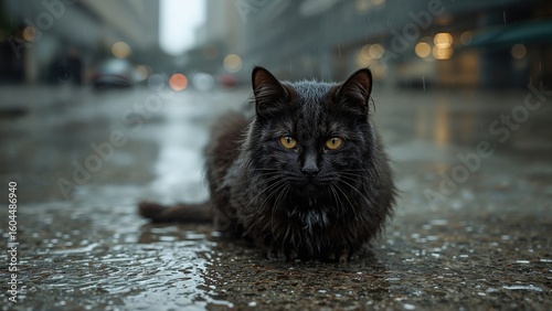 Fototapeta Naklejka Na Ścianę i Meble -  Wet and unhappy black cat on rainy pavement. Concept focusing on animal rescue and protection
