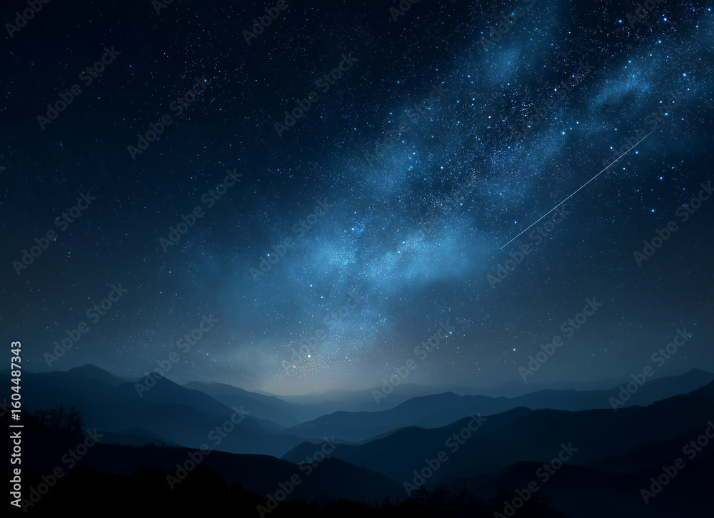 Fototapeta premium Milky Way shines over mountains. Imagery for adventure, travel, design, and spirituality. Illustrates vastness of space, connection, awe.