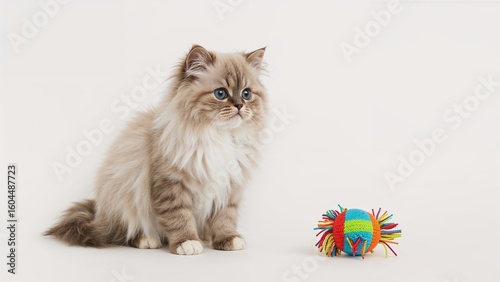 Sweet long-haired Munchkin kitten featuring white and grey coloration and big blue eyes, gazing at a cat toy.